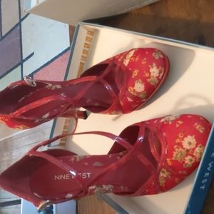 Strappy stiletto red floral heels